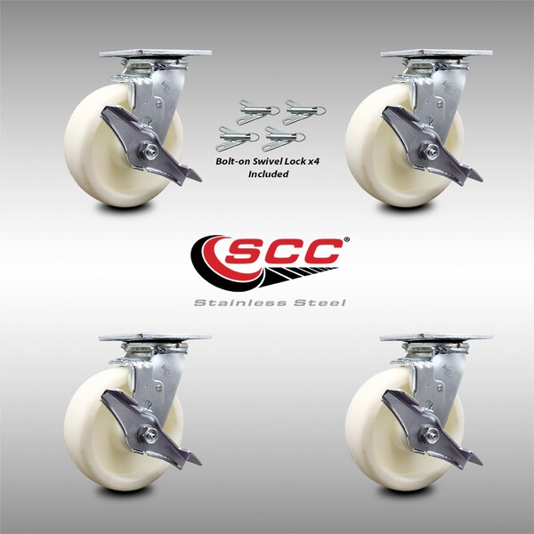 6 Inch Stainless Steel Nylon Caster Set with Ball Bearings and Brake/Swivel Lock